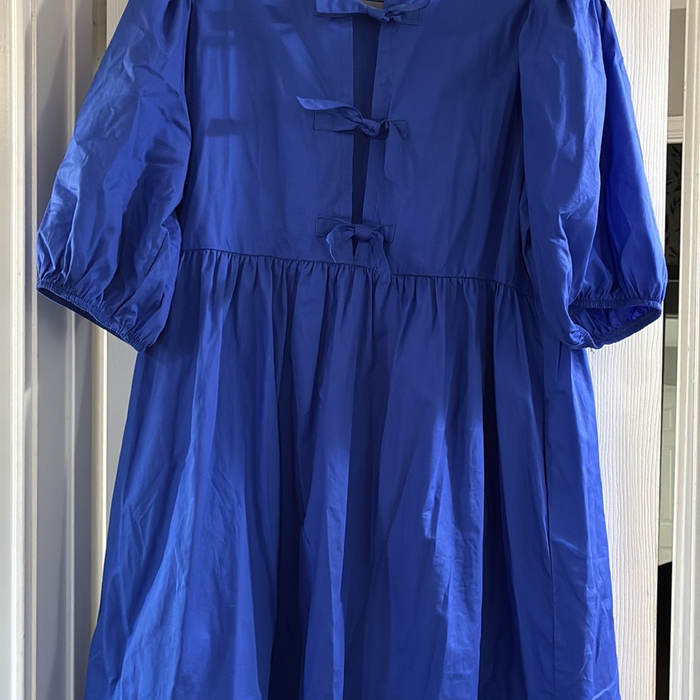 Blue Tie-Front Puff Sleeve Dress